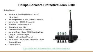 Philips Sonicare ProtectiveClean 6500
Quick Specs:
● Number of Brushing Modes - 3 (with 3
intensities)
● Brushing Modes - ...