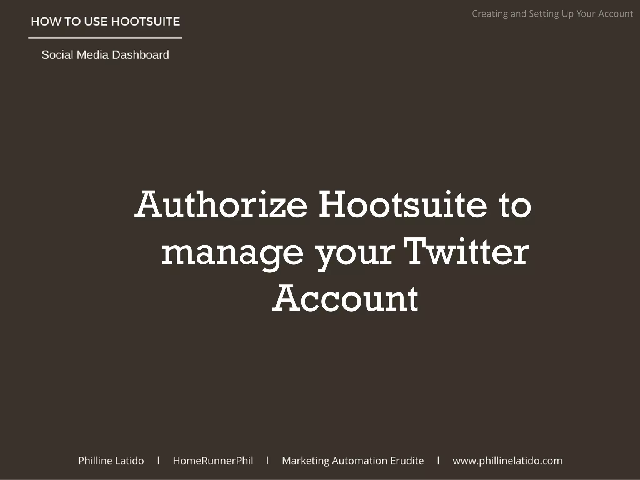 Authorize Hootsuite to
manage your Twitter
Account
Creating and Setting Up Your Account
 