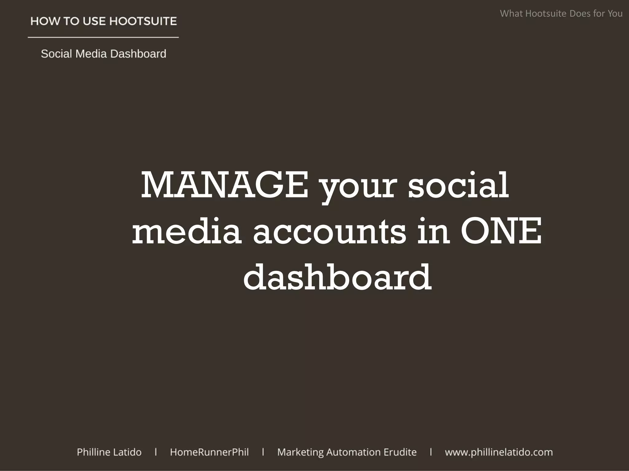 MANAGE your social
media accounts in ONE
dashboard
What Hootsuite Does for You
 