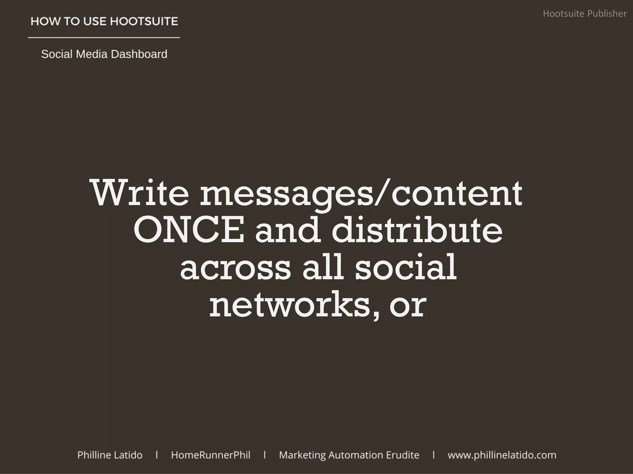 Write messages/content
ONCE and distribute
across all social
networks, or
Hootsuite Publisher
 
