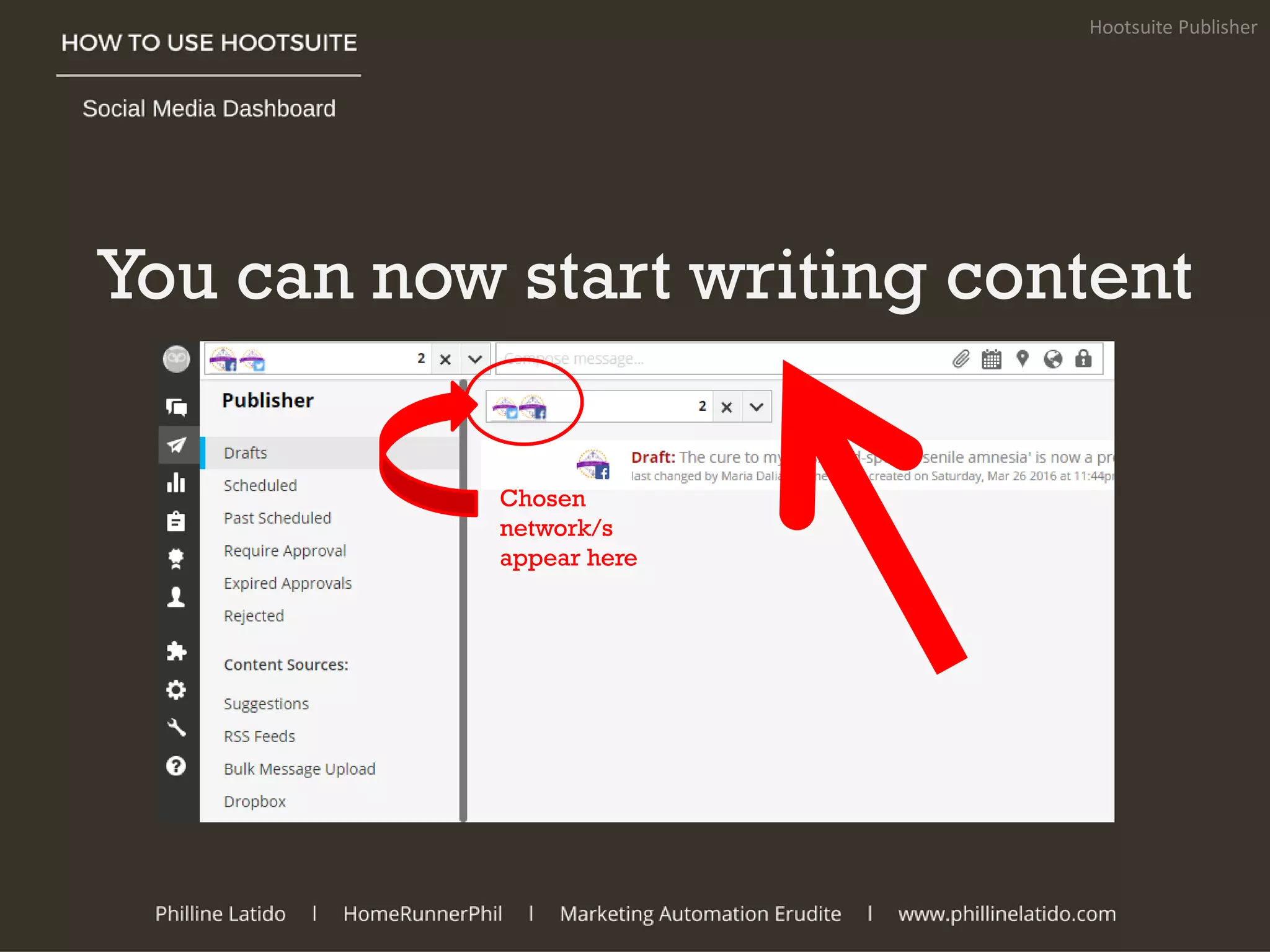 You can now start writing content
Hootsuite Publisher
Chosen
network/s
appear here
 