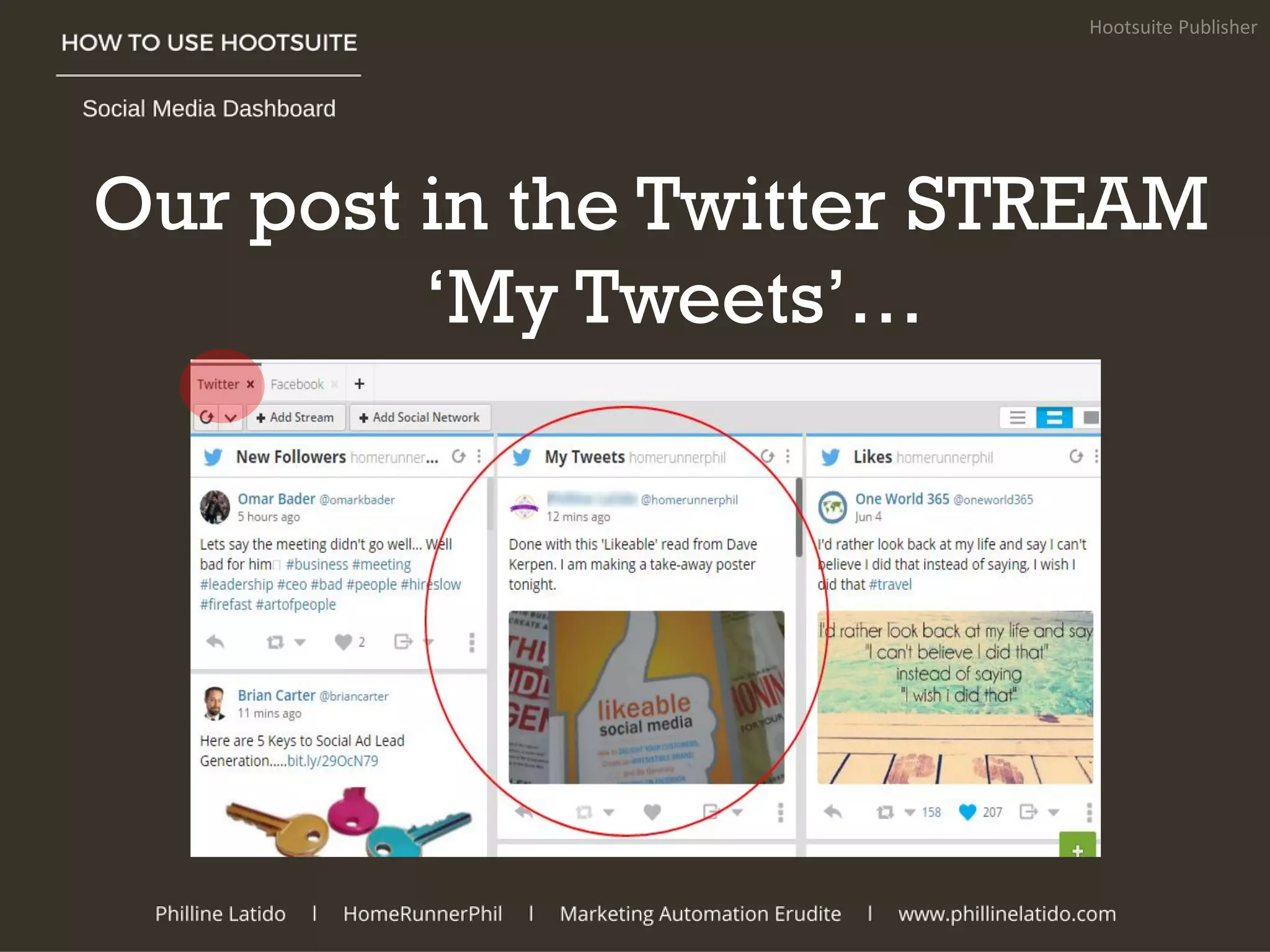 Our post in the Twitter STREAM
‘My Tweets’…
Hootsuite Publisher
 