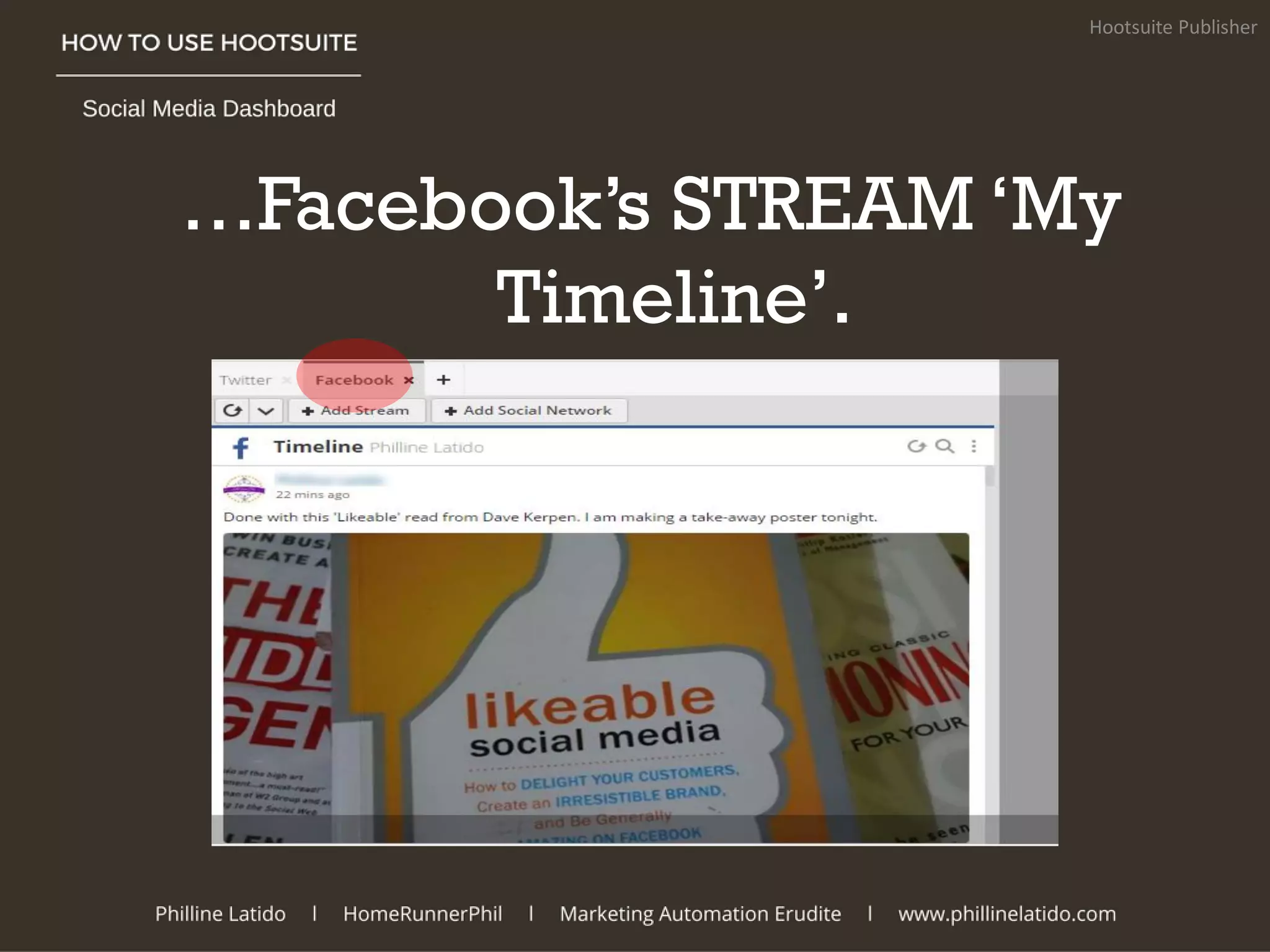 …Facebook’s STREAM ‘My
Timeline’.
Hootsuite Publisher
 
