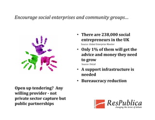 Encourage social enterprises and community groups…


                              • There are 238,000 social 
                                entrepreneurs in the UK
                                Source: Global Enterprise Monitor

                              • Only 1% of them will get the 
                                advice and money they need 
                                to grow
                                Source: UnLtd

                              • A support infrastructure is 
                                needed
                                           y
                              • Bureaucracy reduction
Open up tendering?  Any 
willing provider ­ not 
private sector capture but 
public partnerships 
 