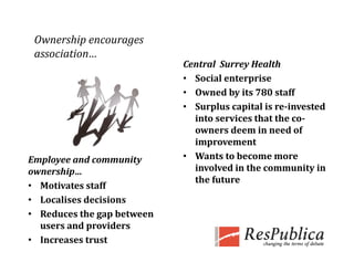 Ownership encourages 
 association…
      i i
                             Central  Surrey Health
                             • Social enterprise
                             • Owned by its 780 staff
                             • Surplus capital is re­invested 
                               into services that the co­
                               owners deem in need of 
                               improvement
Employee and community       • W t  t  b
                               Wants to become more 
                                                        
ownership…                     involved in the community in 
                               the future
• Motivates staff
• Localises decisions
• Reduces the gap between 
  users and providers
         d        id
• Increases trust
 