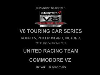 SHANNONS NATIONALS




V8 TOURING CAR SERIES
ROUND 5, PHILLIP ISLAND, VICTORIA
        21st to 23rd September 2012


 UNITED RACING TEAM
    COMMODORE VZ
        Driver: Isi Ambrosio
 