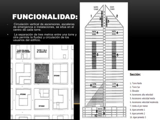 FUNCIONALIDAD:
• Circulación vertical de ascensores, escaleras
de emergencia e instalaciones, se sitúa en el
centro de cada torre.
• La separación de tres metros entre una torre y
otra permite la fluidez y circulación de los
usuarios del edificio.
 