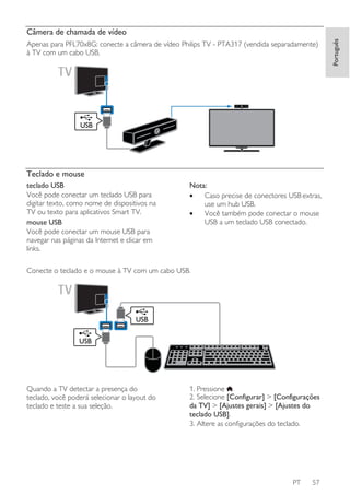 Apenas para PFL70x8G: conecte a câmera de vídeo Philips TV - PTA317 (vendida separadamente)
à TV com um cabo USB.

USB

Teclado e mouse
teclado USB
Você pode conectar um teclado USB para
digitar texto, como nome de dispositivos na
TV ou texto para aplicativos Smart TV.
mouse USB
Você pode conectar um mouse USB para
navegar nas páginas da Internet e clicar em
links.

Nota:
•
Caso precise de conectores USBԜextras,
use um hub USB.
•
Você também pode conectar o mouse
USB a um teclado USB conectado.

Conecte o teclado e o mouse à TV com um cabo USB.

USB
USB

Quando a TV detectar a presença do
teclado, você poderá selecionar o layout do
teclado e teste a sua seleção.

1. Pressione .
2. Selecione [Configurar] > [Configurações
da TV] > [Ajustes gerais] > [Ajustes do
teclado USB].
3. Altere as configurações do teclado.

PT

57

Português

Câmera de chamada de vídeo

 