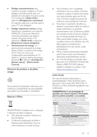 •

•

Desligar automaticamente: para
conservar energia, configure a TV para
desligar automaticamente após um
período de inatividade. Enquanto assiste
à TV, pressione o Botão verde e
selecione [Desligamento automático].
Em seguida, selecione o período após o
qual a TV será desligada.
Desligar dispositivos inativos: desliga
dispositivos compatíveis com EasyLink
HDMI-CEC (Consumer Electronic
Control) conectados que estejam
inativos. Enquanto assiste à TV,
pressione o Botão verde e selecione
[Dispositivos inativos desligados].
Gerenciamento de energia: um
gerenciamento avançado de energia
ajuda a reduzir o consumo de energia
da TV. Para ver como suas
configurações personalizadas da TV
afetam o consumo relativo de energia,
pressione e selecione [Configurar] >
[Assistir demo] > [Demo Active
Control].

Descarte do produto e de pilhas
antigas

•

•

•
•

Para contribuir com a qualidade
ambiental e com sua saúde, a Envision
receberá as pilhas e baterias fornecidas
com seus produtos após seu fim de
vida. A Envision dispõe de pontos de
coleta em suas Assistências Técnicas.
Para evitar o vazamento de pilhas ou
baterias, o que pode resultar em danos à
saúde, ambientais e ao produto,
recomendamos que: (i) Remova as pilhas
do controle remoto se não for utilizá-lo
por um longo período de tempo. (ii)
Não misture pilhas (antigas com novas
ou pilhas comuns com alcalinas, etc.) (iii)
Não exponha o produto com
pilhas/baterias em seu interior a altas
temperaturas.
Pilhas e baterias descartadas recebidas
pela Envision serão encaminhadas à
destinação ambientalmente correta.
Em caso de dúvida ou consulta, favor
ligar para (11) 2938 0245 (Grande São
Paulo) e 0800 701 0245 (demais
regiões e estados) ou acessar o site
http://www.philips.com.br.

Linha Verde

Seu produto foi projetado e fabricado com
materiais e componentes de alta qualidade,
que podem ser reciclados e reutilizados.

Baterias e Pilhas

ADVERTÊNCIA: Cuidados com a utilização
e descarte de pilhas e baterias.
Não descarte as pilhas e baterias no
•
lixo doméstico.
O descarte inadequado de pilhas e
•
baterias pode representar riscos ao
meio ambiente e à saúde humana.

Em caso de dúvidas relacionadas a
Sustentabilidade e Meio Ambiente, favor
ligar para a linha verde (92) 3652 2525. A
Envision e o Meio Ambiente agradecem sua
colaboração.
CUIDADO! Evite o uso prolongado do
aparelho com volume superior a 85 decibéis,
pois isto poderá prejudicar a sua audição.
A tabela abaixo lista alguns exemplos de situações e
respectivos níveis de pressão sonora em decibéis.
Nível de
Decibéis
30
40
50
60
70

Exemplo

Biblioteca silenciosa, sussurros leves.
Sala de estar, refrigerador, quarto longe de trânsito.
Transito leve, conversação normal, escritório silencioso.
Ar-condicionado a uma distância de 6m, máquina de costura.
Aspirador de pó, secador de cabelo, restaurante ruidoso.
Tráfego médio de cidade, coletor de lixo, alarme de despertador
80
a uma distância de 60cm.
OS RUÍDOS ABAIXO PODEM SER PERIGOSOS EM CASO DE
EXPOSIÇÃO CONSTANTE
90
Metrô, motocicleta, tráfego de caminhão, cortador de grama.
100
Caminhão de lixo, serra elétrica, furadeira pneumática.
120
Show de banda de rock em frente ás caixas acústicas, trovão.
140
Tiro de arma de fogo, avião a jato
180
Lançamento de foguete.
• Informação cedida pela Deafness Research Foundation, por cortesia.

PT

9

Português

•

 