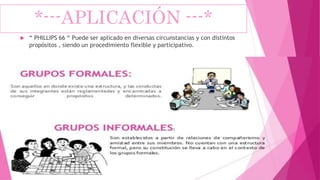 *---APLICACIÓN ---*
 “ PHILLIPS 66 “ Puede ser aplicado en diversas circunstancias y con distintos
propósitos , siendo un procedimiento flexible y participativo.
 