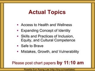 Actual Topics
 Access to Health and Wellness
 Expanding Concept of Identity
 Skills and Practices of Inclusion,
Equity, and Cultural Competence
 Safe to Brave
 Mistakes, Growth, and Vulnerability
Rosetta Eun Ryong Lee (http://tiny.cc/rosettalee)
Please post chart papers by 11:10 am
 