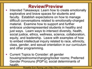 Review/Preview
 Intended Takeaways: Learn how to create emotionally
explorative and brave spaces for students and
faculty. Establish expectations on how to manage
difficult conversations related to emotionally-charged
material. Examine how to support and further
embrace underrepresented students in healthy and
just ways. Learn ways to intersect diversity, health,
social justice, ethics, wellness, science, collaboration,
equity, and leadership. Leave with examples of how
to embed intellectual inquiry related to race, ethnicity,
class, gender, and sexual orientation in our curriculum
and other programming.
 Current Topics to Consider: all gender
housing/restrooms/changing/locker rooms; Preferred
Gender Pronouns (PGP’s); social determinants of
health.
Rosetta Eun Ryong Lee (http://tiny.cc/rosettalee)
 