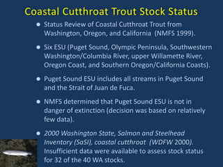 Coastal Cutthroat Trout Stock Status
 Status Review of Coastal Cutthroat Trout from
Washington, Oregon, and California (NMFS 1999).
 Six ESU (Puget Sound, Olympic Peninsula, Southwestern
Washington/Columbia River, upper Willamette River,
Oregon Coast, and Southern Oregon/California Coasts).
 Puget Sound ESU includes all streams in Puget Sound
and the Strait of Juan de Fuca.
 NMFS determined that Puget Sound ESU is not in
danger of extinction (decision was based on relatively
few data).
 2000 Washington State, Salmon and Steelhead
Inventory (SaSI), coastal cutthroat (WDFW 2000).
Insufficient data were available to assess stock status
for 32 of the 40 WA stocks.
 