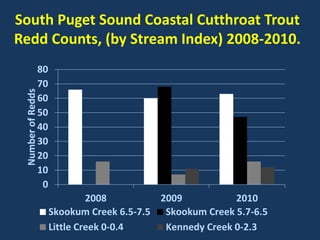 0
10
20
30
40
50
60
70
80
2008 2009 2010
NumberofRedds
Skookum Creek 6.5-7.5 Skookum Creek 5.7-6.5
Little Creek 0-0.4 Kennedy Creek 0-2.3
South Puget Sound Coastal Cutthroat Trout
Redd Counts, (by Stream Index) 2008-2010.
 