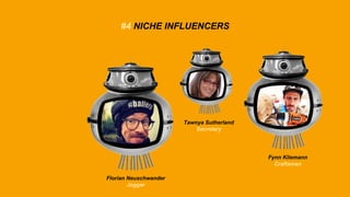 #4 NICHE INFLUENCERS
Tawnya Sutherland
Secretary
Fynn Kliemann
Craftsman
Florian Neuschwander
Jogger
 