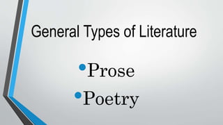 General Types of Literature
•Prose
•Poetry
 
