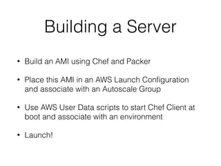 Building a Server
• Build an AMI using Chef and Packer
• Place this AMI in an AWS Launch Conﬁguration
and associate with an Autoscale Group
• Use AWS User Data scripts to start Chef Client at
boot and associate with an environment
• Launch!
 