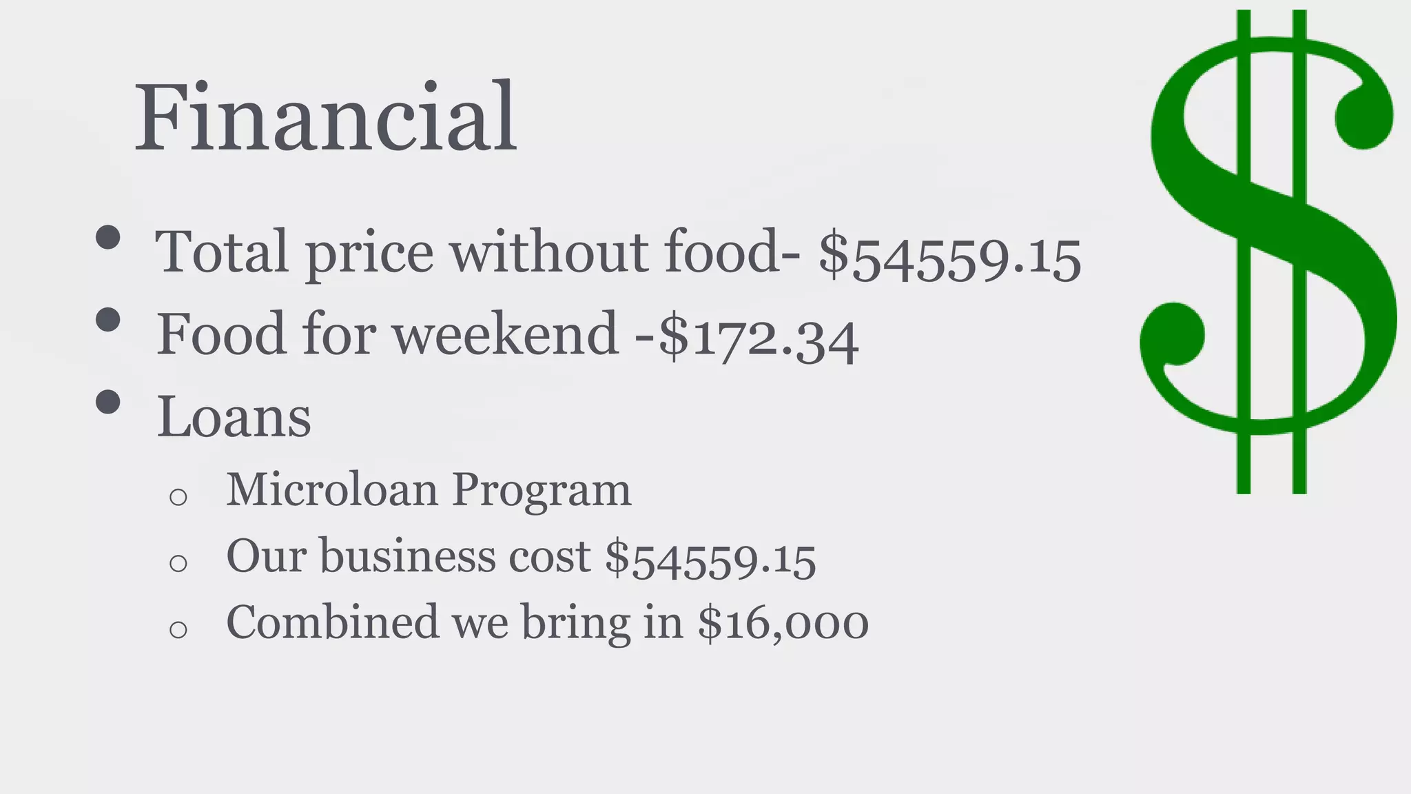 Financial
• Total price without food- $54559.15
• Food for weekend -$172.34
• Loans
o Microloan Program
o Our business cost $54559.15
o Combined we bring in $16,000
 