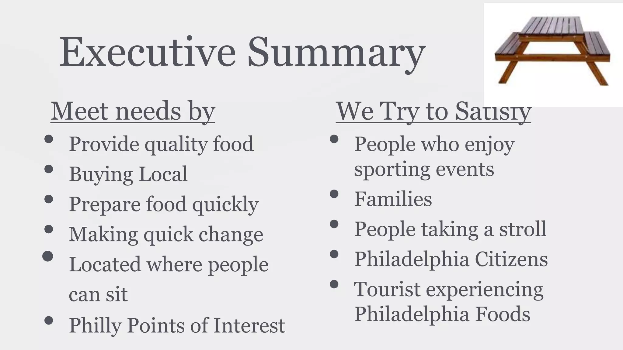 Executive Summary
Meet needs by
• Provide quality food
• Buying Local
• Prepare food quickly
• Making quick change
• Located where people
can sit
• Philly Points of Interest
We Try to Satisfy
• People who enjoy
sporting events
• Families
• People taking a stroll
• Philadelphia Citizens
• Tourist experiencing
Philadelphia Foods
 