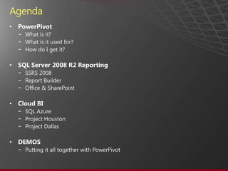 AgendaPowerPivotWhat is it?What is it used for?How do I get it?SQL Server 2008 R2 ReportingSSRS 2008Report BuilderOffice & SharePointCloud BISQL AzureProject HoustonProject DallasDEMOSPutting it all together with PowerPivot