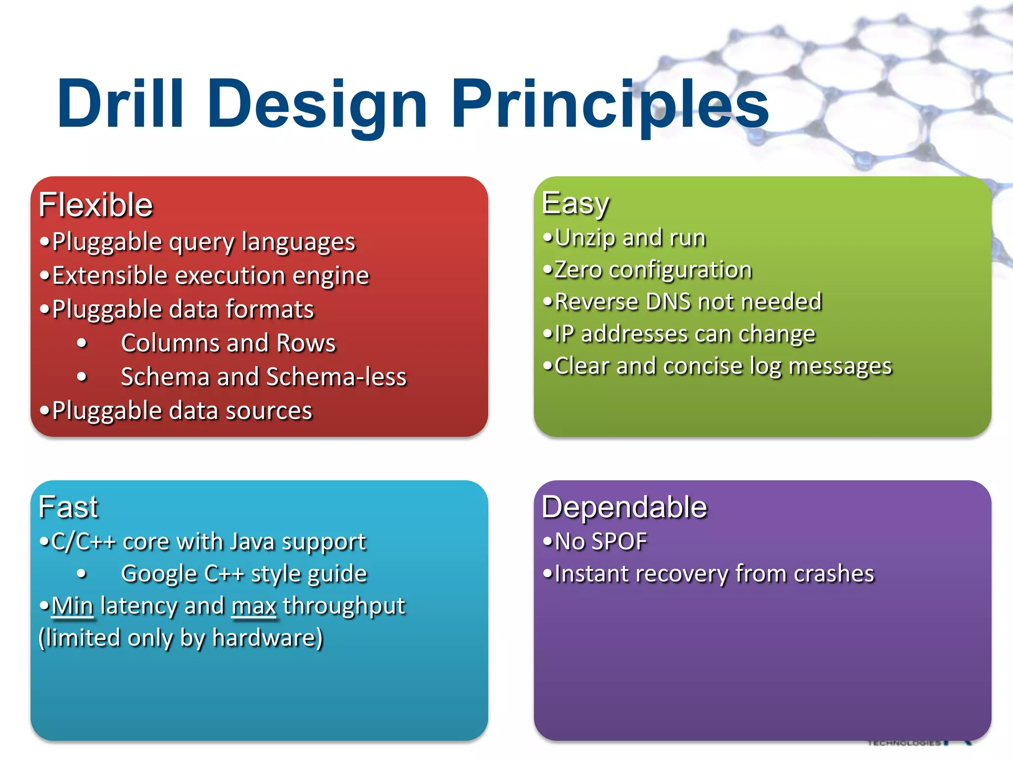 Drill Design Principles
Flexible                          Easy
•Pluggable query languages        •Unzip and run
•Extensible execution engine      •Zero configuration
•Pluggable data formats           •Reverse DNS not needed
   • Columns and Rows             •IP addresses can change
   • Schema and Schema-less       •Clear and concise log messages
•Pluggable data sources


Fast                              Dependable
•C/C++ core with Java support     •No SPOF
    • Google C++ style guide      •Instant recovery from crashes
•Min latency and max throughput
(limited only by hardware)


 ©MapR Technologies
 