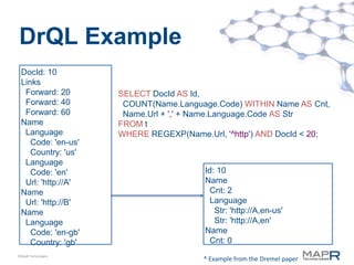DrQL Example
 DocId: 10
 Links
  Forward: 20        SELECT DocId AS Id,
  Forward: 40         COUNT(Name.Language.Code) WITHIN Name AS Cnt,
  Forward: 60         Name.Url + ',' + Name.Language.Code AS Str
 Name                FROM t
  Language           WHERE REGEXP(Name.Url, '^http') AND DocId < 20;
    Code: 'en-us'
    Country: 'us'
  Language
    Code: 'en'                          Id: 10
  Url: 'http://A'                       Name
 Name                                    Cnt: 2
  Url: 'http://B'                        Language
 Name                                      Str: 'http://A,en-us'
  Language                                 Str: 'http://A,en'
    Code: 'en-gb'                       Name
    Country: 'gb'                        Cnt: 0
©MapR Technologies
                                       * Example from the Dremel paper
 