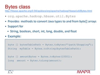 Bytes class
http://hbase.apache.org/0.94/apidocs/org/apache/hadoop/hbase/util/Bytes.html
 org.apache.hadoop.hbase.util.Bytes
 Provides methods to convert Java types to and from byte[] arrays
 Support for
 String, boolean, short, int, long, double, and float
 Example:
byte [] bytesTablePath = Bytes.toBytes("/path/Shopping");
String myTable = Bytes.toString(bytesTablePath);
byte [] amountBytes = Bytes.toBytes(1000l);
long amount = Bytes.toLong(amount);
 