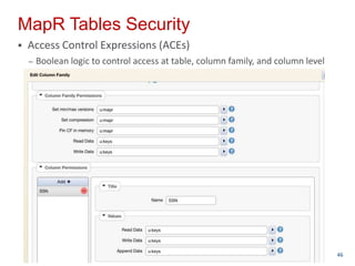 MapR Tables Security
 Access Control Expressions (ACEs)
– Boolean logic to control access at table, column family, and column level
46
 