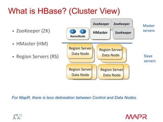 What is HBase? (Cluster View)
 ZooKeeper (ZK)
 HMaster (HM)
 Region Servers (RS)
For MapR, there is less delineation between Control and Data Nodes.
ZooKeeper
NameNode
A B
HMaster
C D
HMaster
ZooKeeper
ZooKeeper
Master
servers
Slave
servers
Region Server
Data Node
Region Server
Data Node
Region Server
Data Node
Region Server
Data Node
 