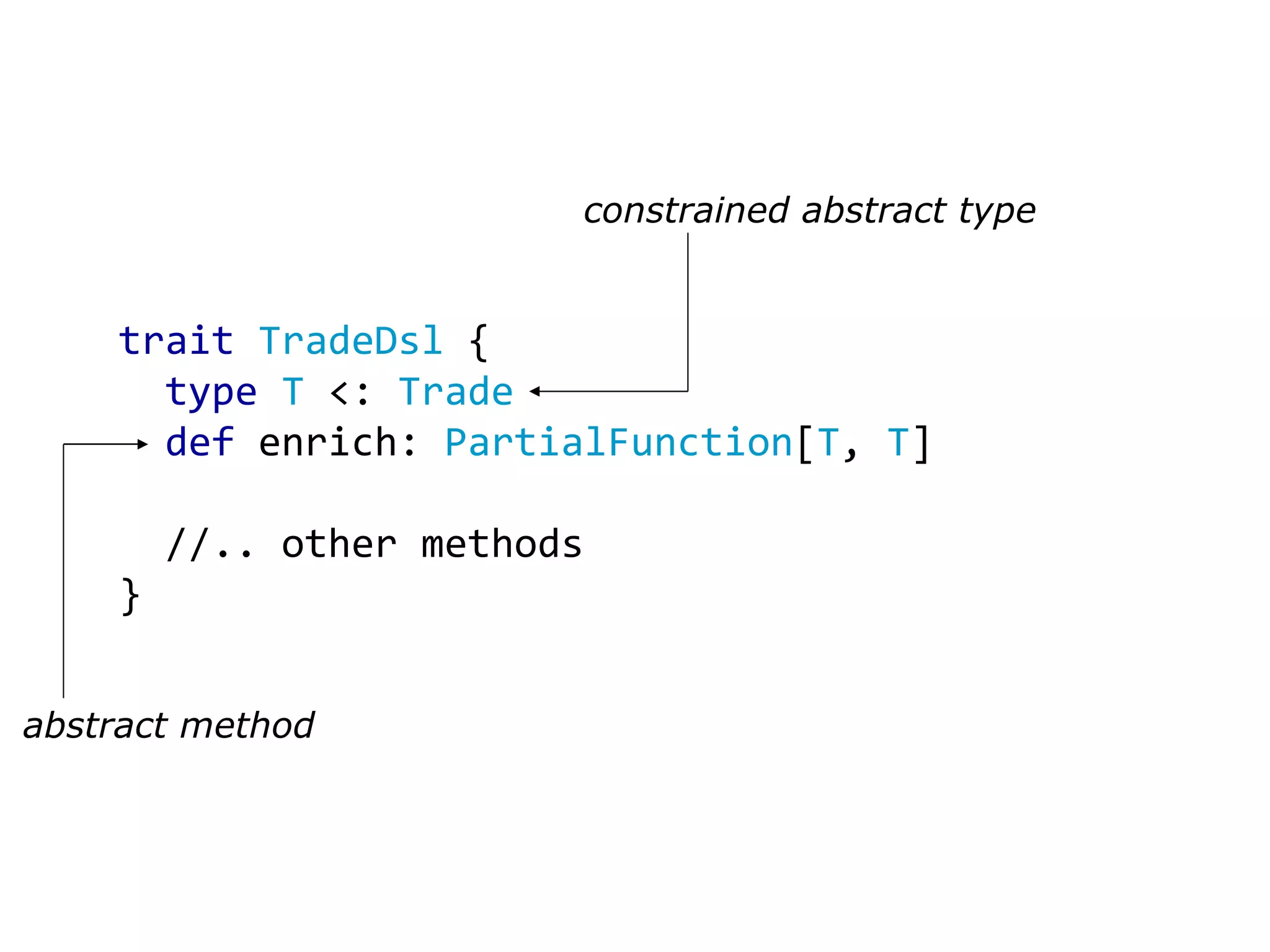 trait TradeDsl { type T <: Trade def enrich: PartialFunction [ T , T ] //.. other methods } constrained abstract type abstract method 