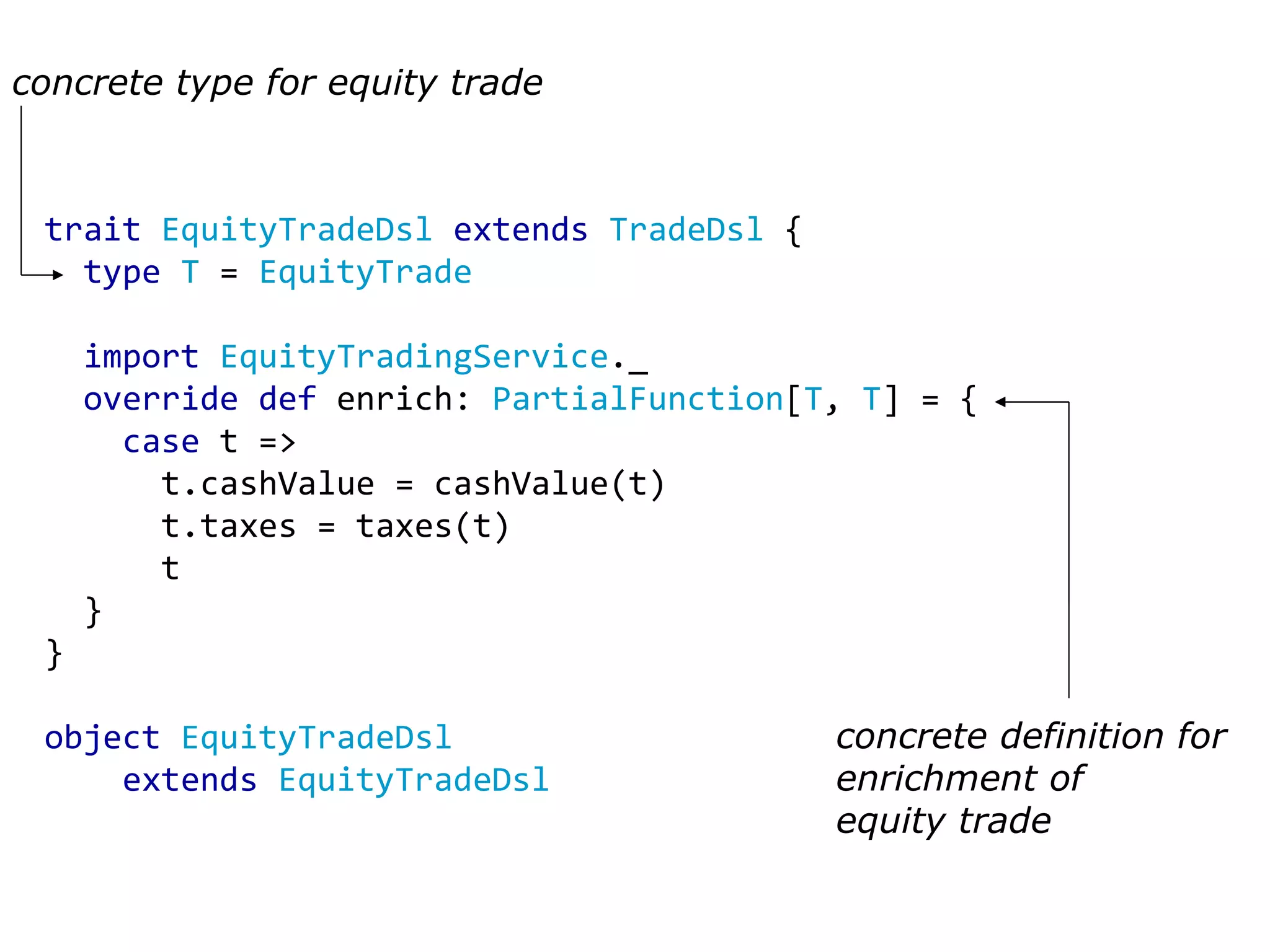 trait EquityTradeDsl extends TradeDsl { type T = EquityTrade import EquityTradingService ._ override def enrich: PartialFunction [ T , T ] = { case t => t.cashValue = cashValue(t) t.taxes = taxes(t) t } } object EquityTradeDsl extends EquityTradeDsl concrete type for equity trade concrete definition for enrichment of equity trade 