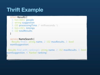 Thrift Example
   struct Results {
     1: list<i64> people
     2: string suggestion
     3: i32 processingTime /* milliseconds */
     4: list<i32> timings
     5: i32 totalResults
   }

   service NameSearch {
    Results ﬁnd(1: string name, 2: i32 maxResults, 3: bool
   wantSuggestion)

  Results ﬁnd_with_ranking(1: string name, 2: i32 maxResults, 3: bool
wantSuggestion, 4: Ranker ranking)
}
 
