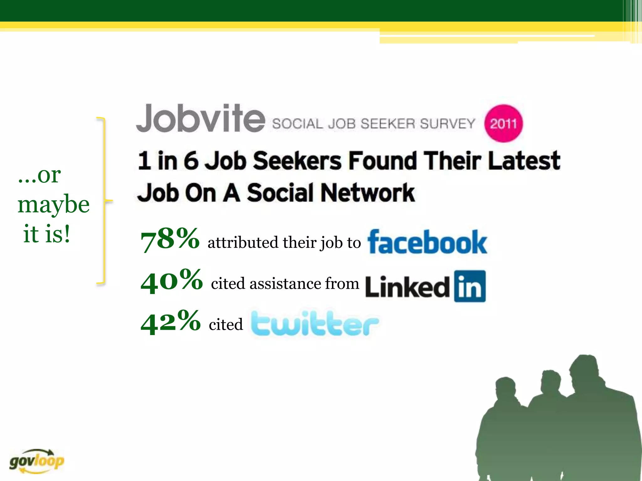 …or
maybe
it is!   78% attributed their job to
         40% cited assistance from
         42% cited
 