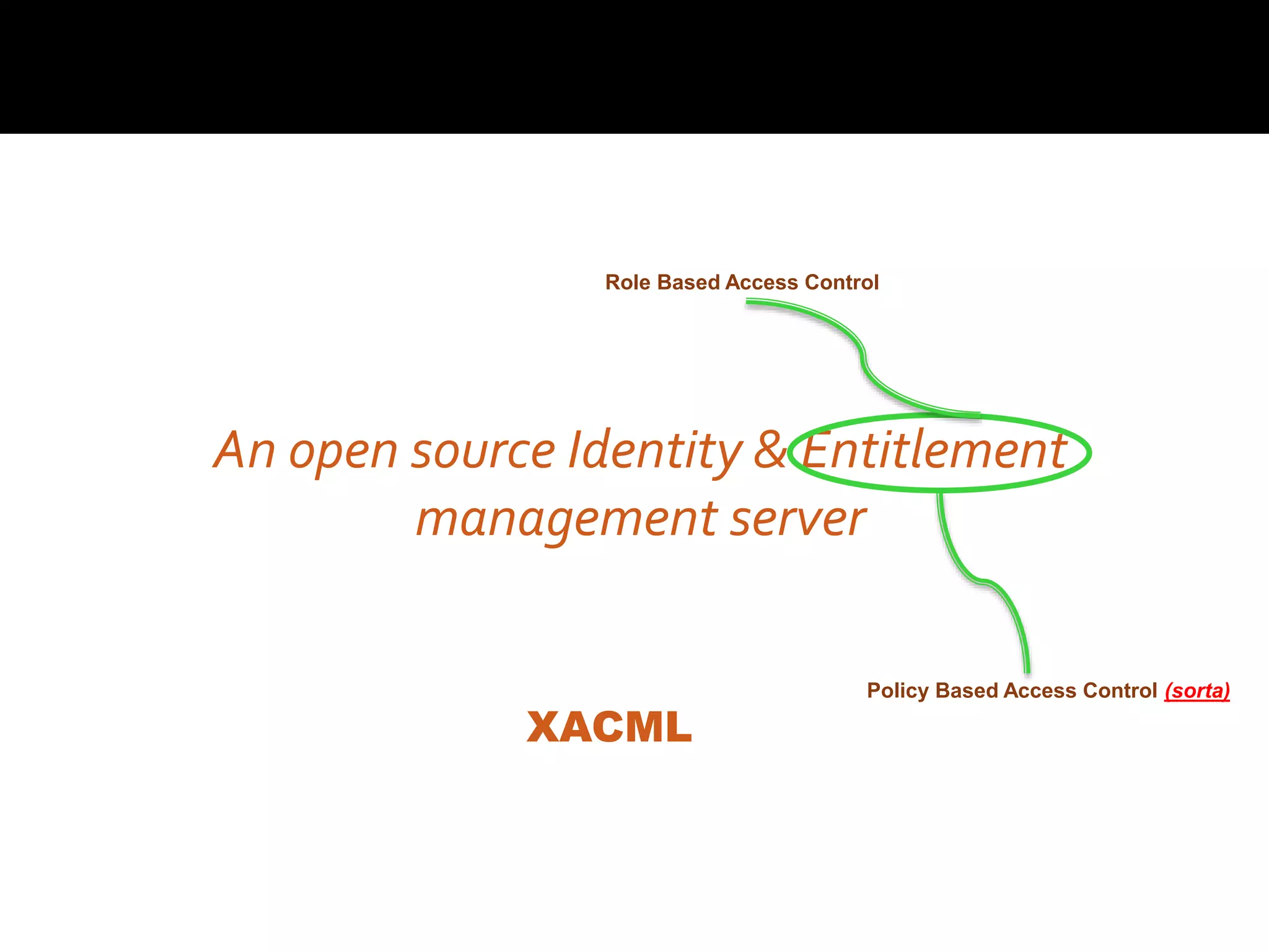 An open source Identity & Entitlement
management server
Role Based Access Control
Policy Based Access Control (sorta)
XACML
 