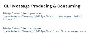 CLI Message Producing & Consuming
bin/pulsar-client produce
"persistent://meetup/philly/first" --messages 'Hello
Pulsar!'
bin/pulsar-client consume
"persistent://meetup/philly/first" -s first-reader -n 0
 