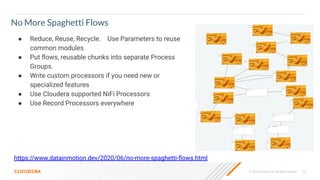 © 2023 Cloudera, Inc. All rights reserved. 63
https://www.datainmotion.dev/2020/06/no-more-spaghetti-ﬂows.html
● Reduce, Reuse, Recycle. Use Parameters to reuse
common modules.
● Put ﬂows, reusable chunks into separate Process
Groups.
● Write custom processors if you need new or
specialized features
● Use Cloudera supported NiFi Processors
● Use Record Processors everywhere
No More Spaghetti Flows
 
