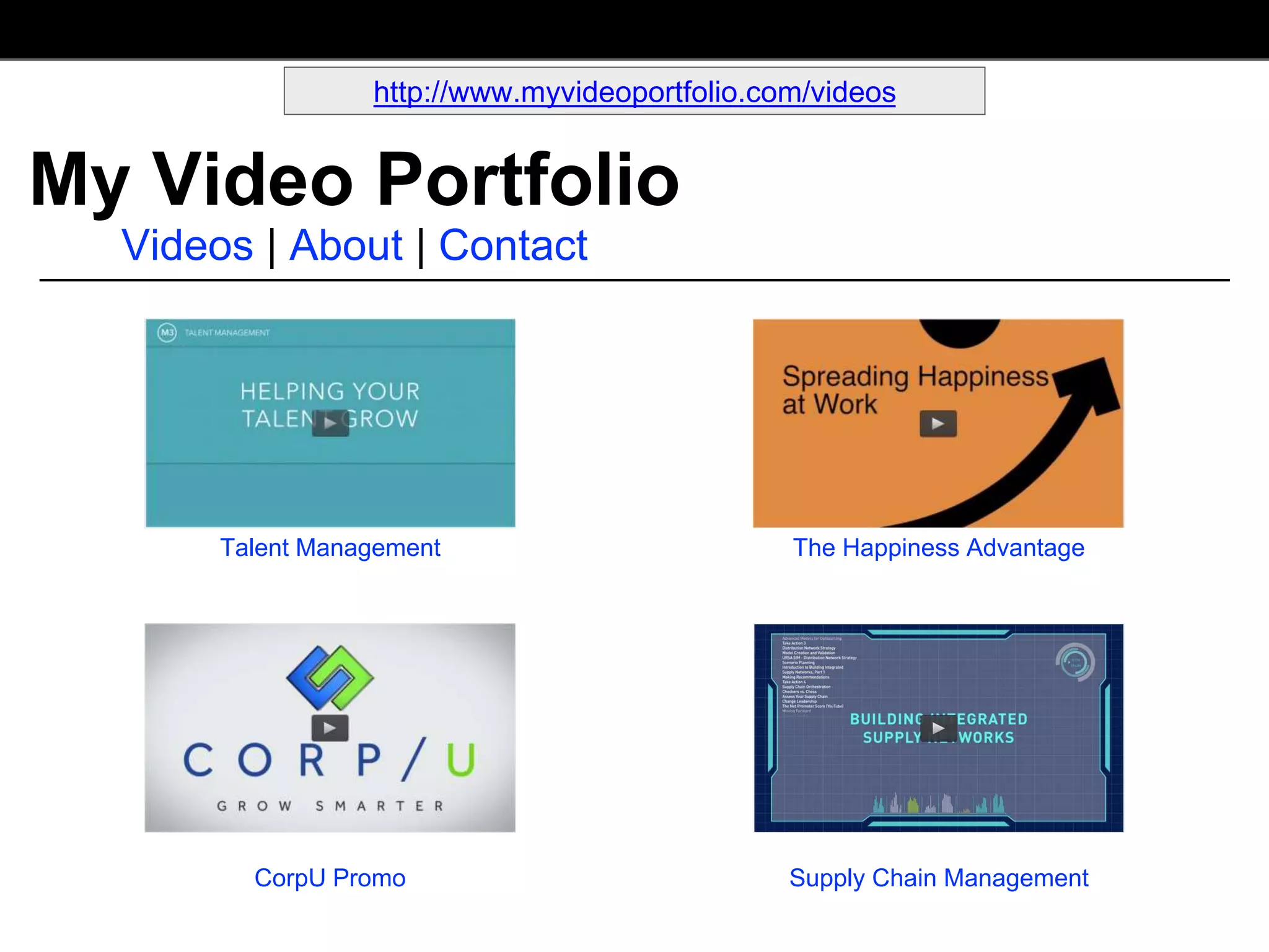 Talent Management The Happiness Advantage
CorpU Promo
My Video Portfolio
Videos | About | Contact
Supply Chain Management
http://www.myvideoportfolio.com/videos
 