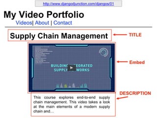 Supply Chain Management
My Video Portfolio
Videos| About | Contact
http://www.djangodjunction.com/djangos/01
TITLE
DESCRIPTION
Embed
This course explores end-to-end supply
chain management. This video takes a look
at the main elements of a modern supply
chain and…
 