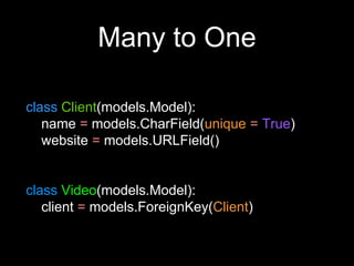 Many to One
class Client(models.Model):
name = models.CharField(unique = True)
website = models.URLField()
class Video(models.Model):
client = models.ForeignKey(Client)
 