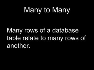 Many to Many
Many rows of a database
table relate to many rows of
another.
 