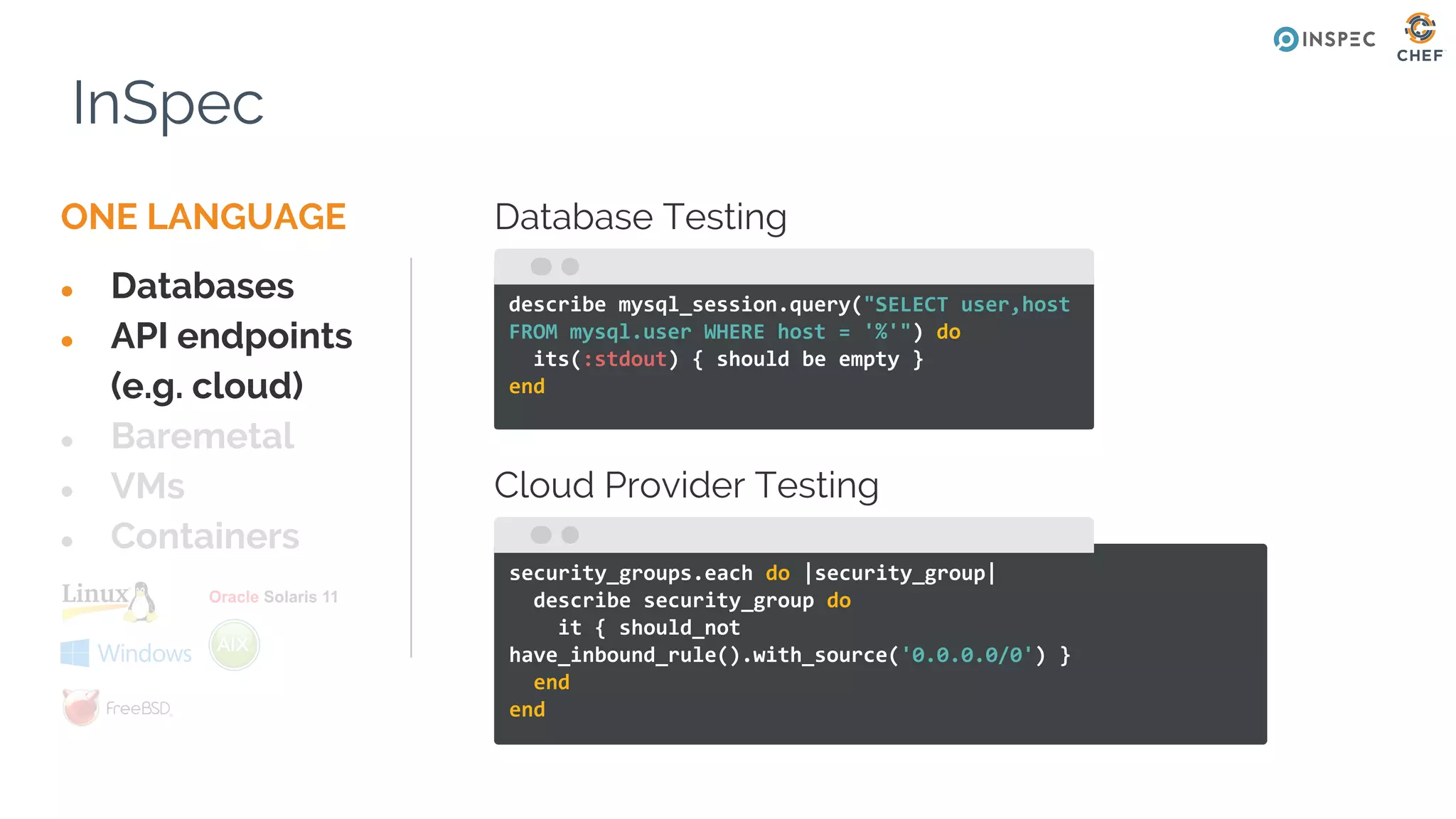 InSpec
Database Testing
describe mysql_session.query("SELECT user,host
FROM mysql.user WHERE host = '%'") do
its(:stdout) { should be empty }
end
Cloud Provider Testing
security_groups.each do |security_group|
describe security_group do
it { should_not
have_inbound_rule().with_source('0.0.0.0/0') }
end
end
ONE LANGUAGE
● Databases
● API endpoints
(e.g. cloud)
● Baremetal
● VMs
● Containers
 