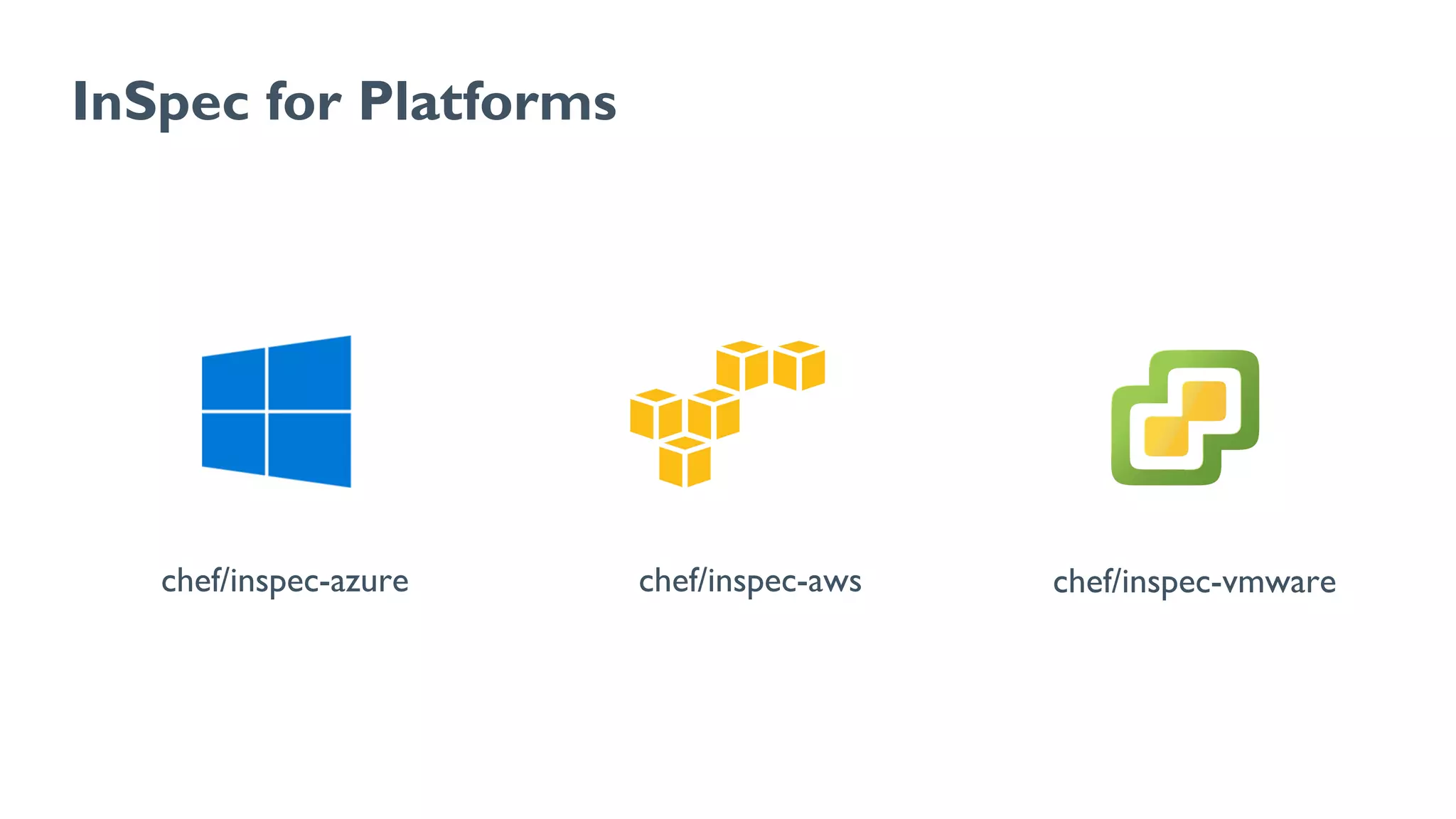 InSpec for Platforms
chef/inspec-vmwarechef/inspec-azure chef/inspec-aws
 