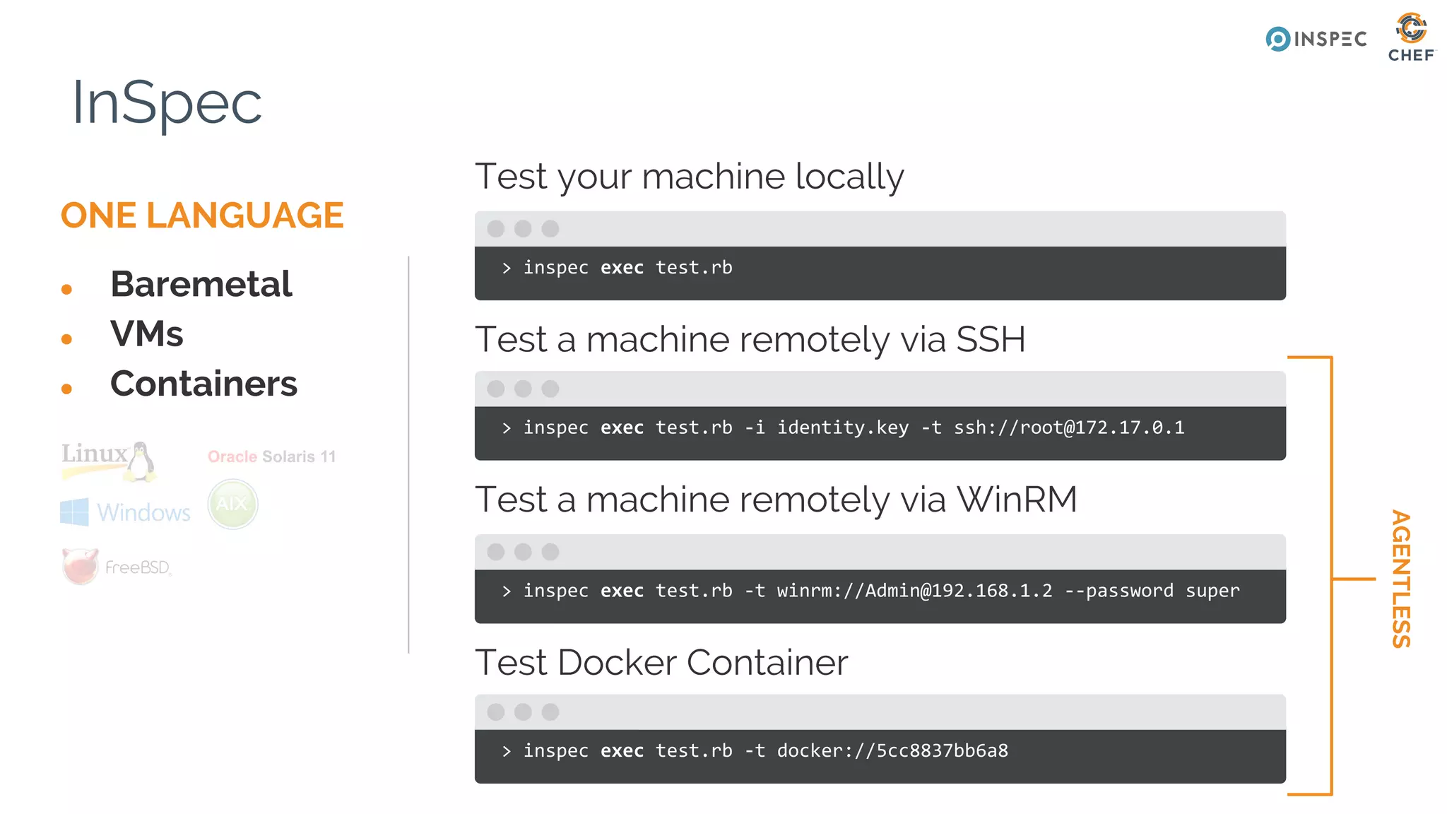 InSpec
● Baremetal
● VMs
● Containers
ONE LANGUAGE
> inspec exec test.rb
Test a machine remotely via SSH
> inspec exec test.rb -i identity.key -t ssh://root@172.17.0.1
Test your machine locally
> inspec exec test.rb -t winrm://Admin@192.168.1.2 --password super
Test Docker Container
> inspec exec test.rb -t docker://5cc8837bb6a8
Test a machine remotely via WinRM
AGENTLESS
 