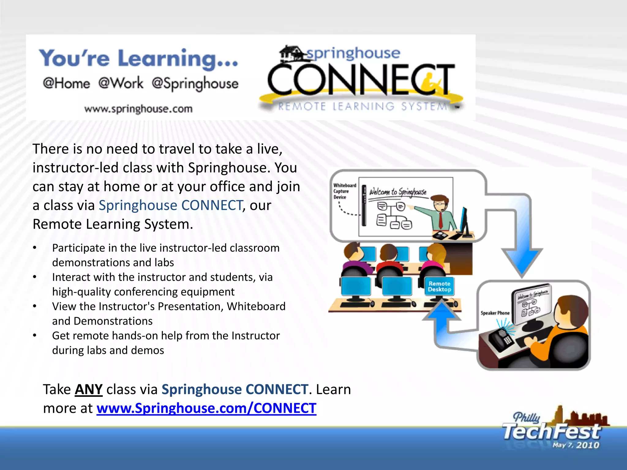 There is no need to travel to take a live,
instructor-led class with Springhouse. You
can stay at home or at your office and join
a class via Springhouse CONNECT, our
Remote Learning System.
•    Participate in the live instructor-led classroom
     demonstrations and labs
•    Interact with the instructor and students, via
     high-quality conferencing equipment
•    View the Instructor's Presentation, Whiteboard
     and Demonstrations
•    Get remote hands-on help from the Instructor
     during labs and demos


    Take ANY class via Springhouse CONNECT. Learn
    more at www.Springhouse.com/CONNECT
 