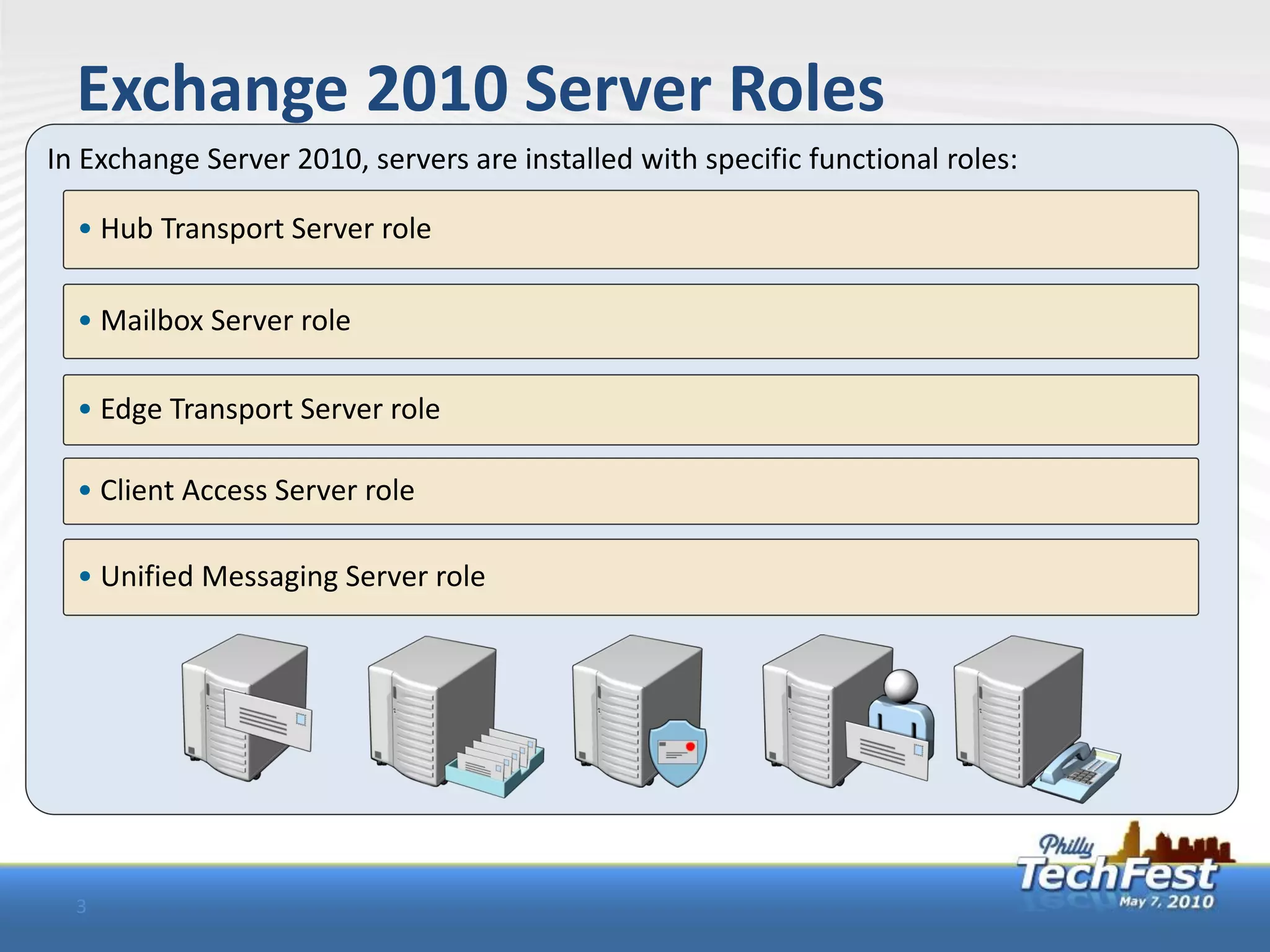 Exchange 2010 Server Roles
In Exchange Server 2010, servers are installed with specific functional roles:

  • Hub Transport Server role

  • Mailbox Server role

  • Edge Transport Server role

  • Client Access Server role

  • Unified Messaging Server role




  3
 