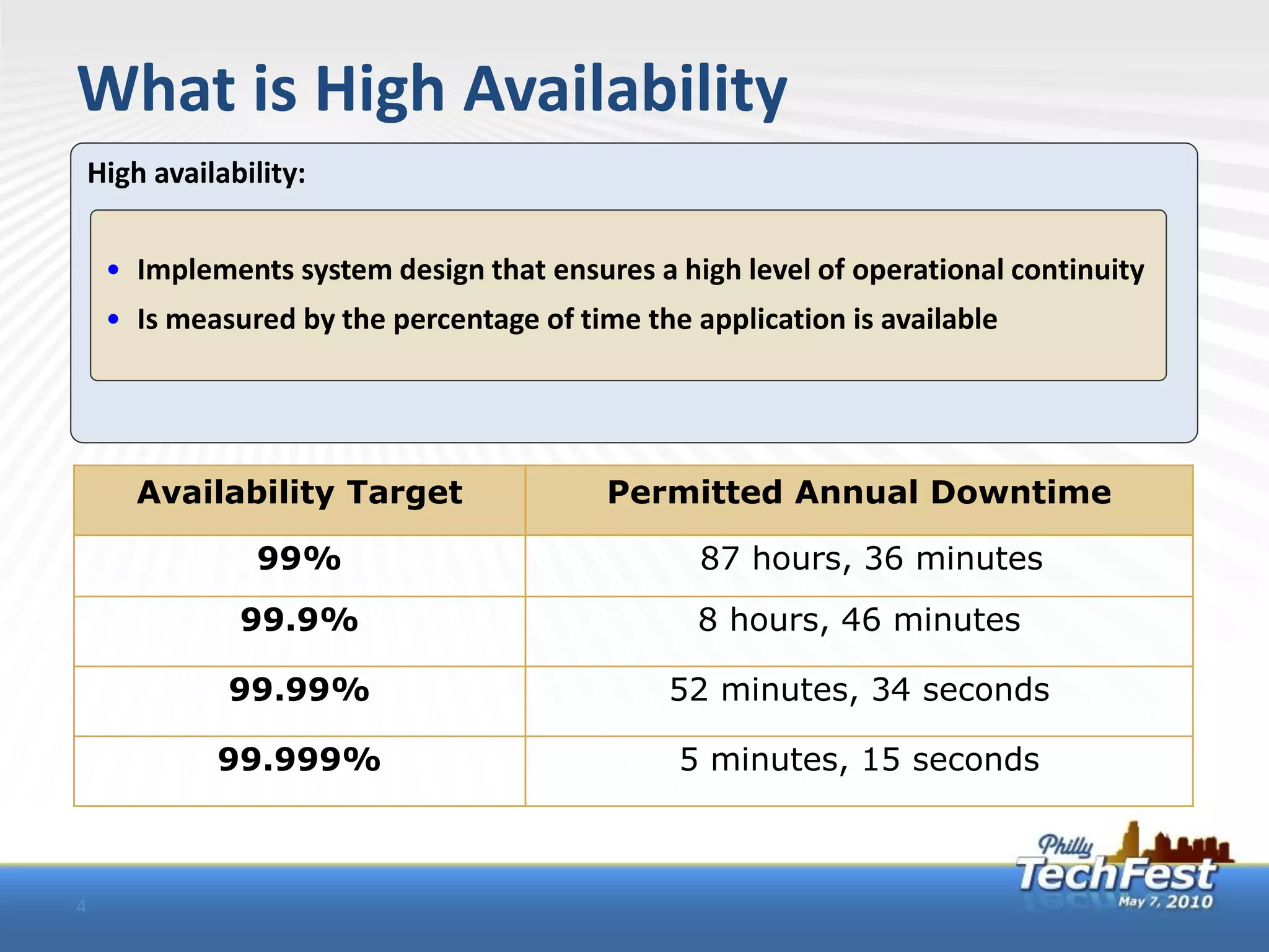 What is High Availability
    High availability:


     • Implements system design that ensures a high level of operational continuity
     • Is measured by the percentage of time the application is available




        Availability Target                Permitted Annual Downtime

                 99%                              87 hours, 36 minutes
                99.9%                             8 hours, 46 minutes

               99.99%                          52 minutes, 34 seconds

              99.999%                           5 minutes, 15 seconds



4
 