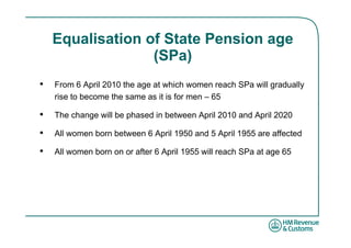 Equalisation of State Pension age
                  (SPa)
•   From 6 April 2010 the age at which women reach SPa will gradually
    rise to become the same as it is for men – 65

•   The change will be phased in between April 2010 and April 2020

•   All women born between 6 April 1950 and 5 April 1955 are affected

•   All women born on or after 6 April 1955 will reach SPa at age 65
 