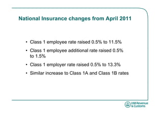 National Insurance changes from April 2011



  • Class 1 employee rate raised 0.5% to 11.5%
  • Class 1 employee additional rate raised 0.5%
    to 1.5%
  • Class 1 employer rate raised 0.5% to 13.3%
  • Similar increase to Class 1A and Class 1B rates
 
