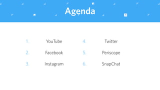Agenda
1. YouTube
2. Facebook
3. Instagram
4. Twitter
5. Periscope
6. SnapChat
 