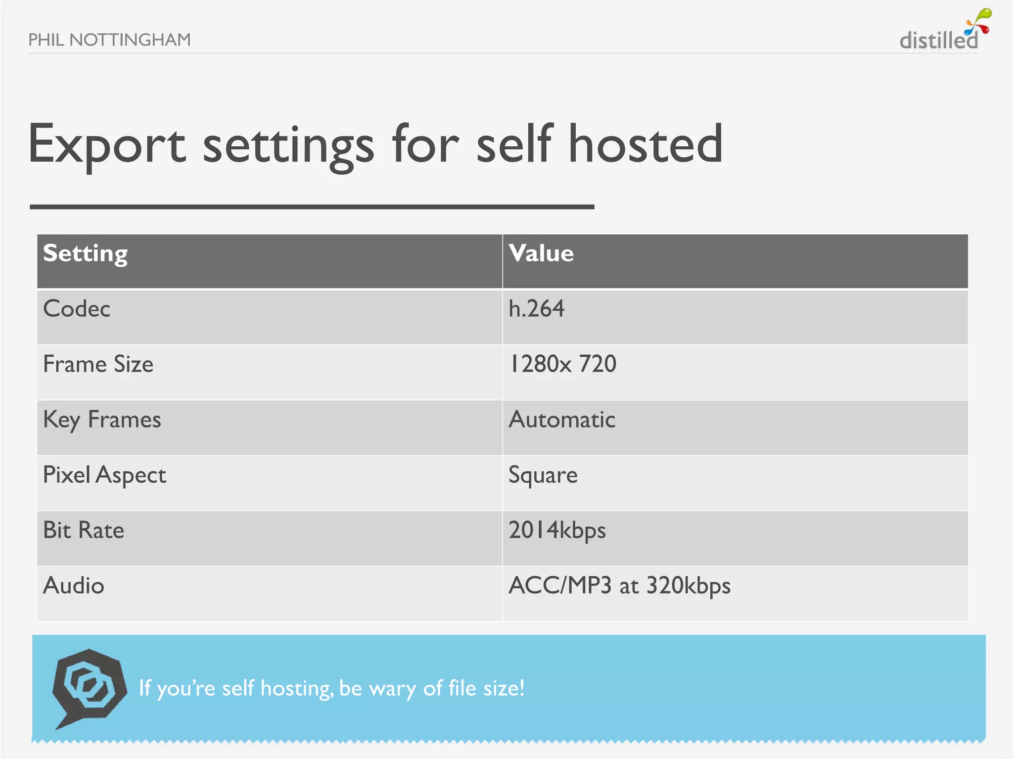 PHIL NOTTINGHAM




Export settings for self hosted
 Setting                                               Value

 Codec                                                 h.264

 Frame Size                                            1280x 720

 Key Frames                                            Automatic

 Pixel Aspect                                          Square

 Bit Rate                                              2014kbps

 Audio                                                 ACC/MP3 at 320kbps



            If you’re self hosting, be wary of file size!
 